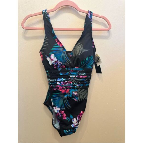 Aqua Green Black Tummy Control Floral One Piece Swimsuit New - Picture 2 of 7